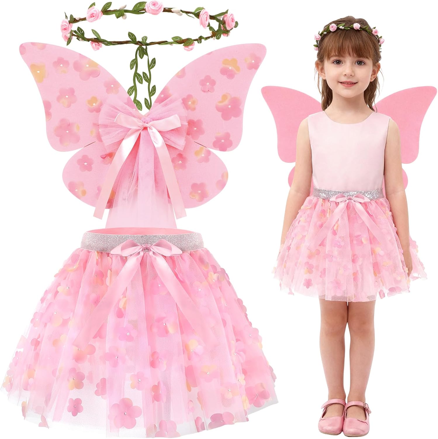 3pcs Fairy Costume for Girls Include Fairy Wings Headpiece and Butterfly Flower Tutu for Halloween Birthday Party