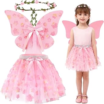 3pcs Fairy Costume for Girls Include Fairy Wings Headpiece and Butterfly Flower Tutu for Halloween Birthday Party