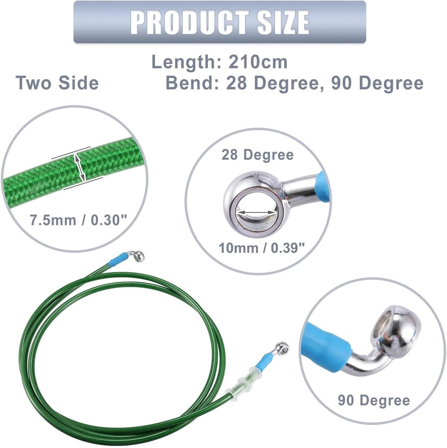 バイクのブレーキライン グリーン80cm-220cmM10オートバイ油圧ブレーキラインオイルホースパイプフィッティング28&deg;90&deg;ス