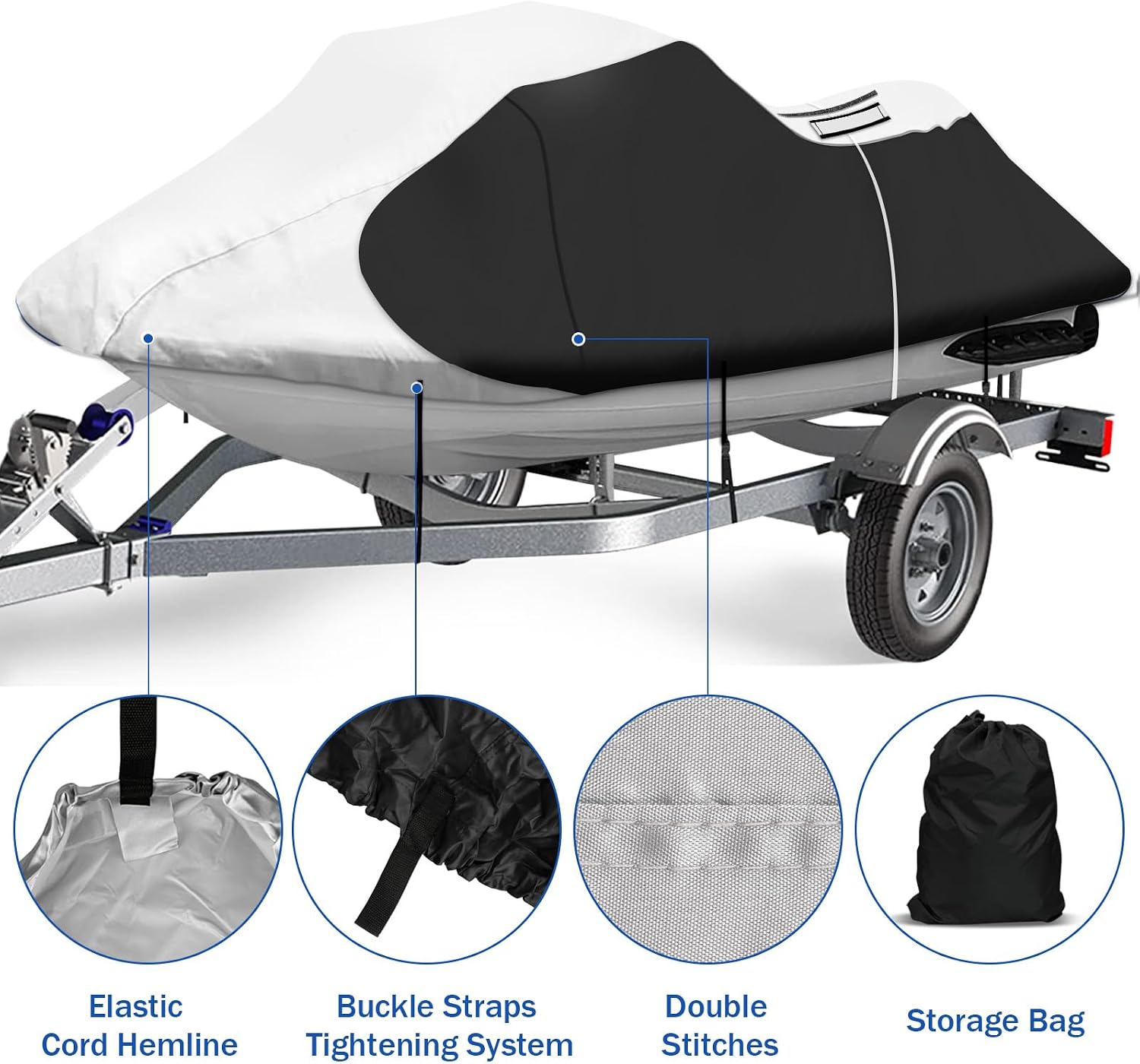 iCOVER Personal Watercraft Cover- Water Proof Heavy Duty Trailerable Jet Ski Covers for Seadoo Kawasaki Yamaha Wave Runner, Fits PWC Models Up to 113in Long