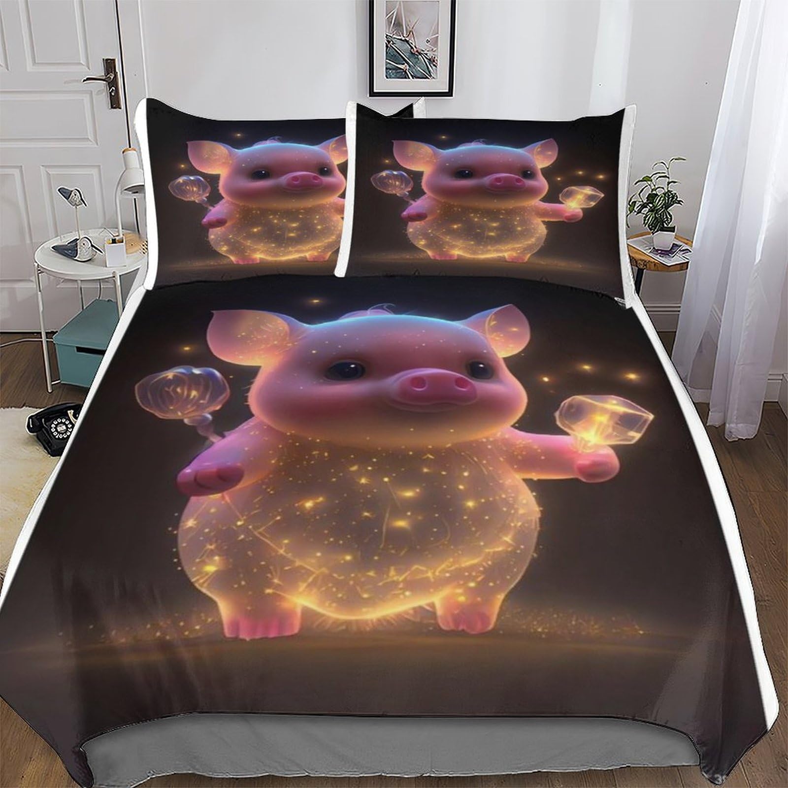 Housse de couette cochon mignon 220x240 cm en microfibre avec 2 taies d'oreiller