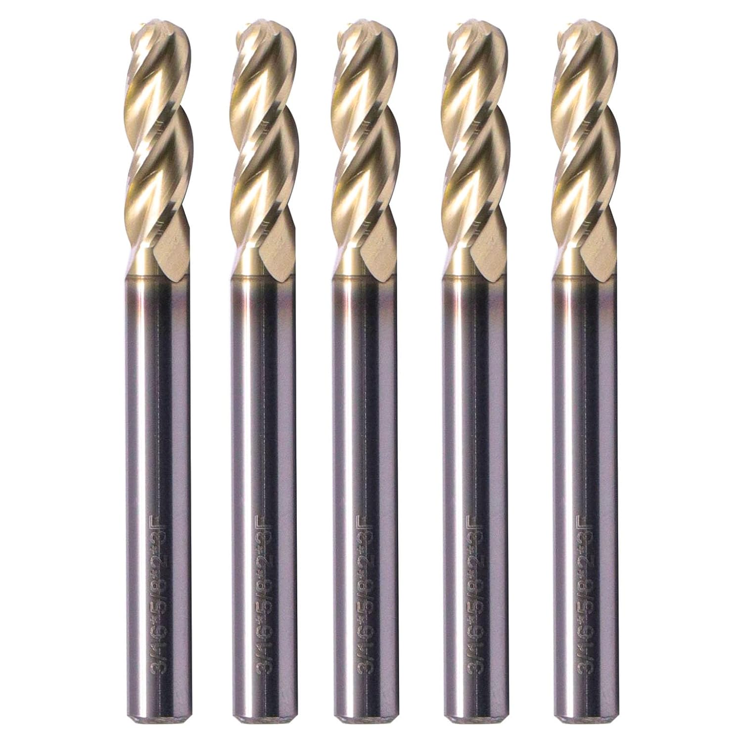 Ball Nose Solid Carbide End Mill Cutter Set(5Pcs 1/8in) - ZrN Coated, 3 Flute, 37° Helix, 1/8" Cutting Diameter, 1/8" Shank Diameter, 1/2" LOC, 1-1/2" OAL for Milling Aluminum and Copper