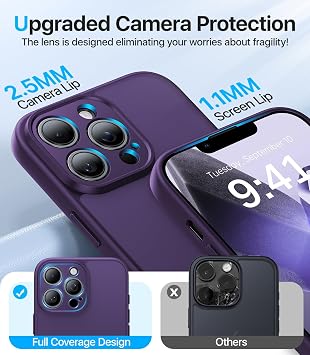 iPhone 14 Pro用耐衝撃ケース、カメラ保護 軍用グレードの落下保護 保護 イエロー スリム 半透明 肌に優しい iPhone 14 Pro スマホケース パープル