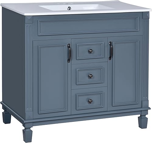 Miniatura 8 de Harper &amp; Bright Designs - Juego de tocador de baño de 36 pulgadas con fregadero, con 2 puertas y cajones de cierre suave, armario de baño con espejo