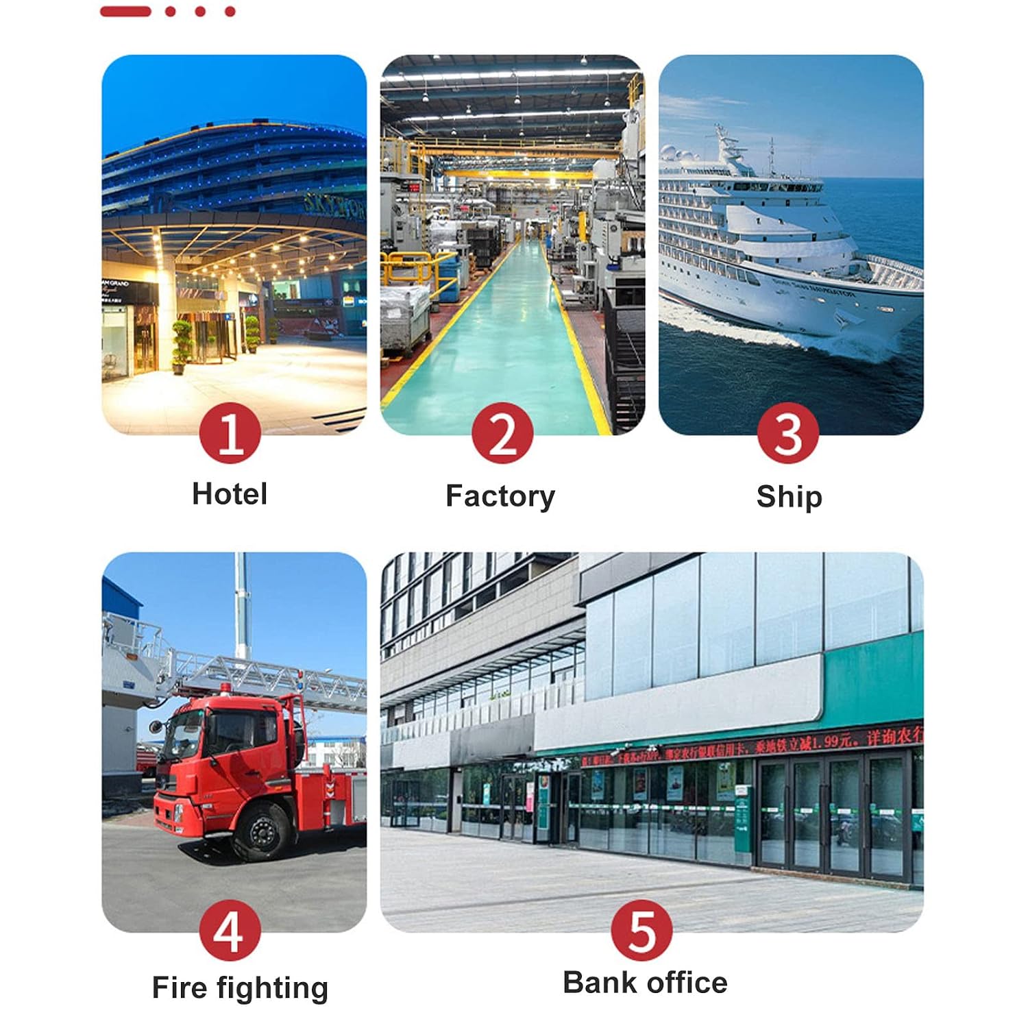 Examples of applications for the Shanrya ATS including hotels, factories, ships, fire fighting, and bank offices