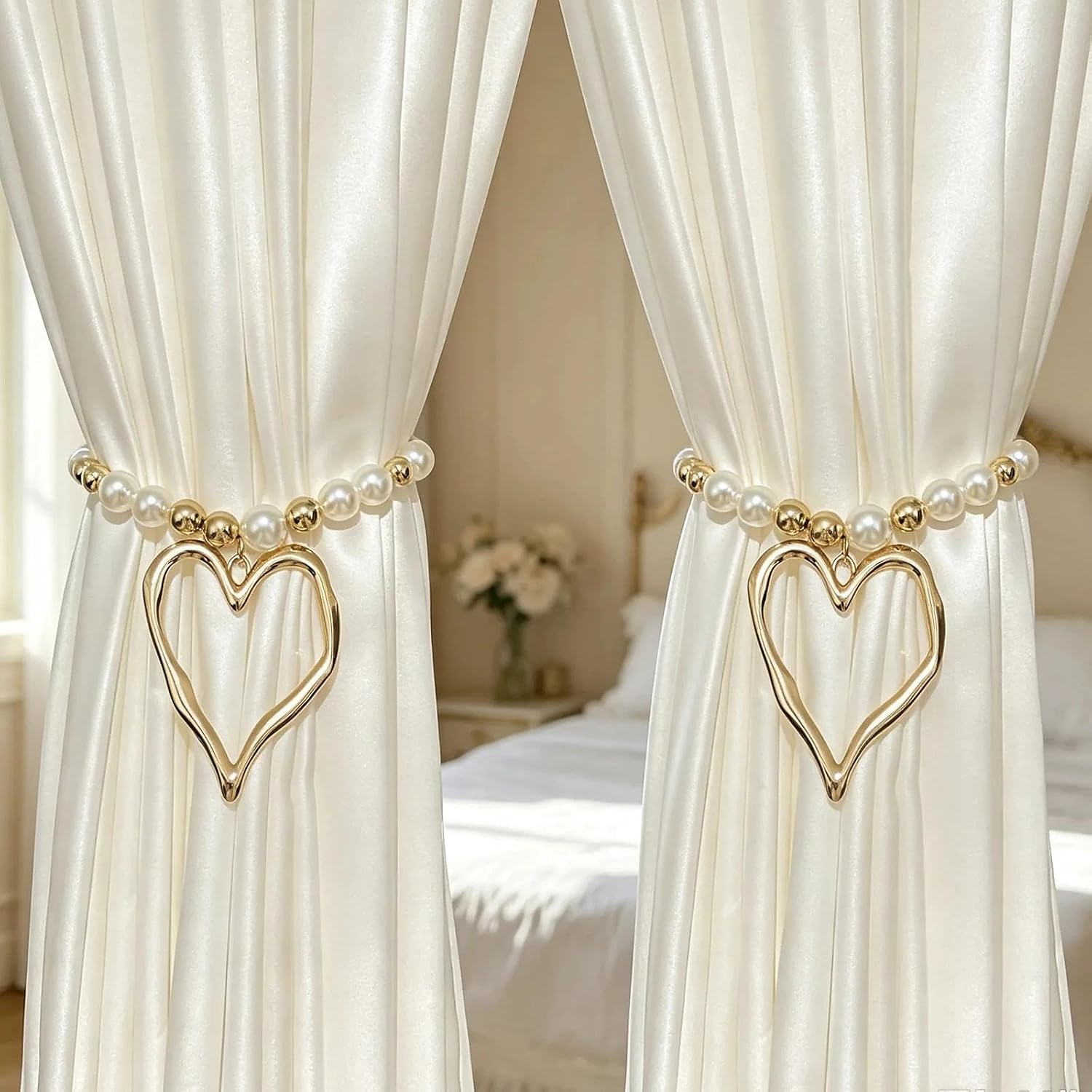2 Pack Heart-Shaped Pearl Magnetic Curtain Tiebacks, Luxe Romantic Decor, Curtain Accessories for Bedroom, Living Room