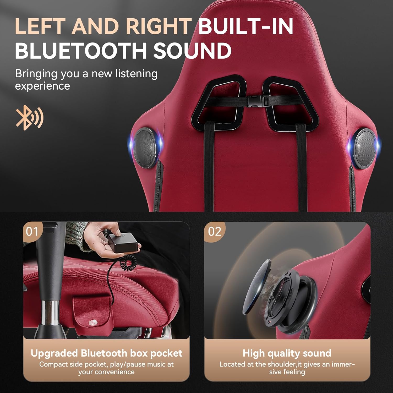 GTPLAYER Gaming Chair, Computer Chair with Bluetooth Speakers, High Back Ergonomic Office Chair Desk Chair with Lumbar Support, Height Adjustable Game Chair with Footrest 330LBS, WineRed