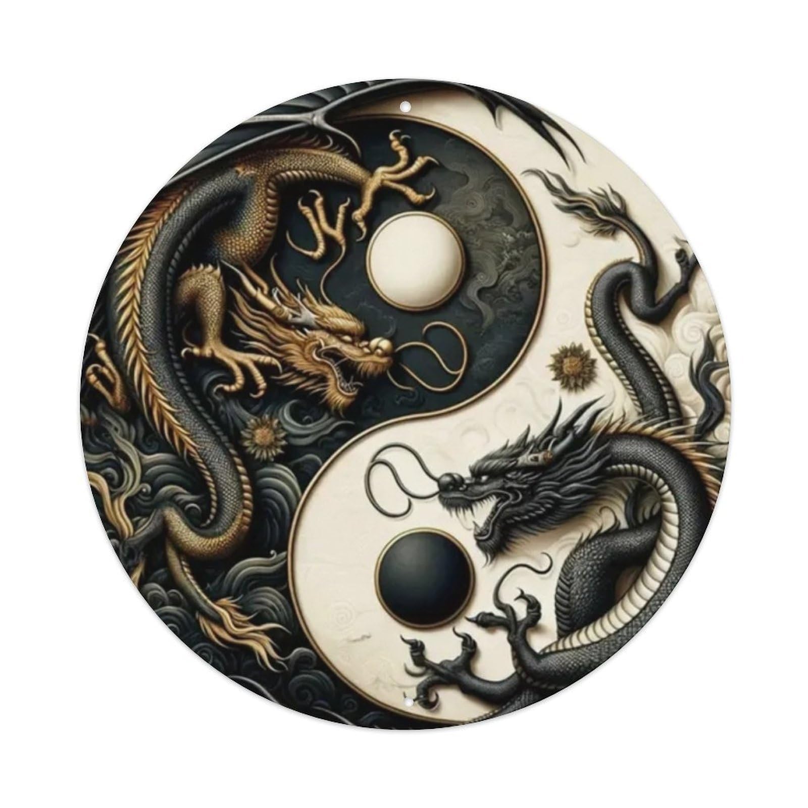 Yin - Yang Double Chinese Dragon Round Tin Sign Vintage Metal Sign Home Bar Garden Wall Decor Metal Poster 8x8 Inch