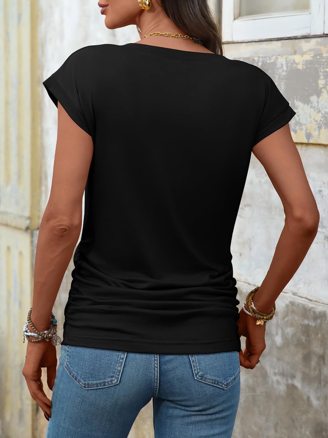 ANRABESS Womens Cap Sleeve Henley Shirts V Neck Ruched Side Top 2026 Summer Dressy Work Blouse Business Casual Outfits - Image 4