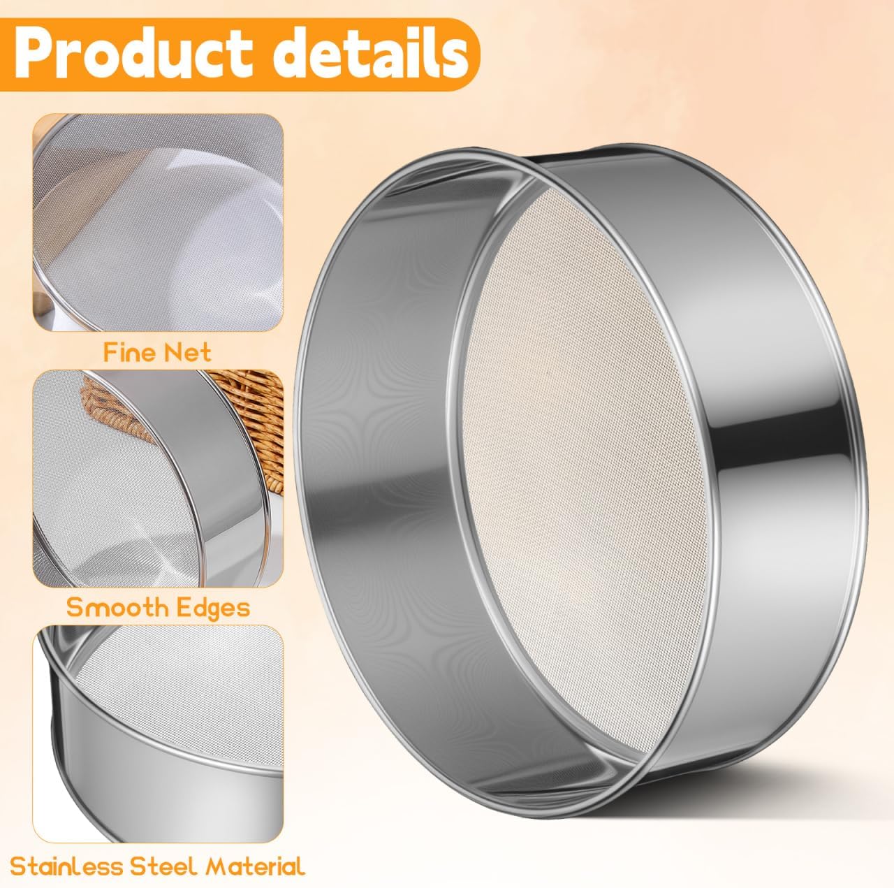Unomor Stainless Steel Flour Sifter Set 2Pcs Round Fine Mesh Handheld Sieve for Baking Powdered Sugar Strainer Kitchen Tool 8.07In