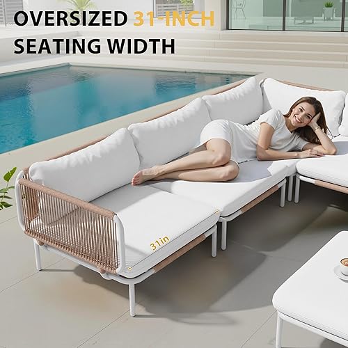Miniatura 5 de 4 Piece Modern Outdoor Sectional Sofa, 31" Oversized Patio Furniture Set with Olefin Woven Rope, Weather-Resistant Metal Frame and Removable