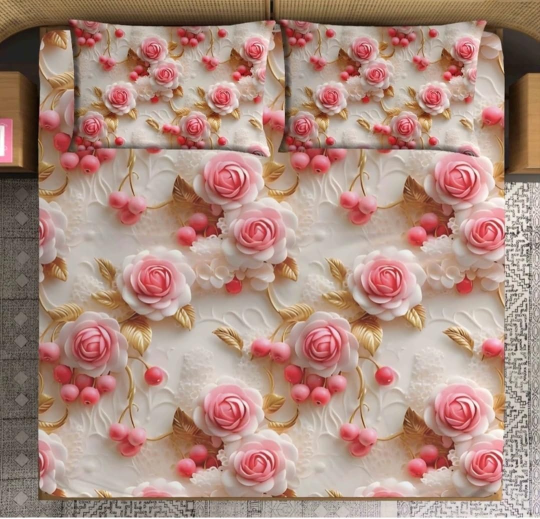 7D King Size Bedsheet, 3D Floral Rose Print, Polycotton, Pink White and Gold, 3 Piece Set-image-20