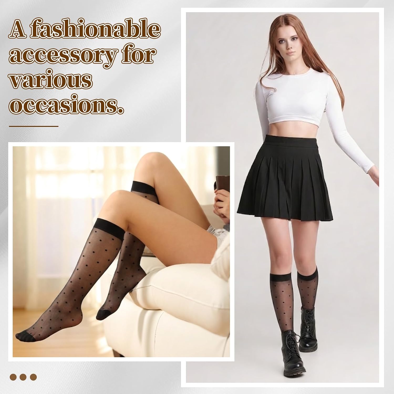 12 Pairs Sheer Knee High Socks for Women, Polka Dot Nylon Stockings | Sheer Breathable Nylon, Cute Polka Dot Design, Stretchy Knee High Fit, 12 Pairs Black & White Set