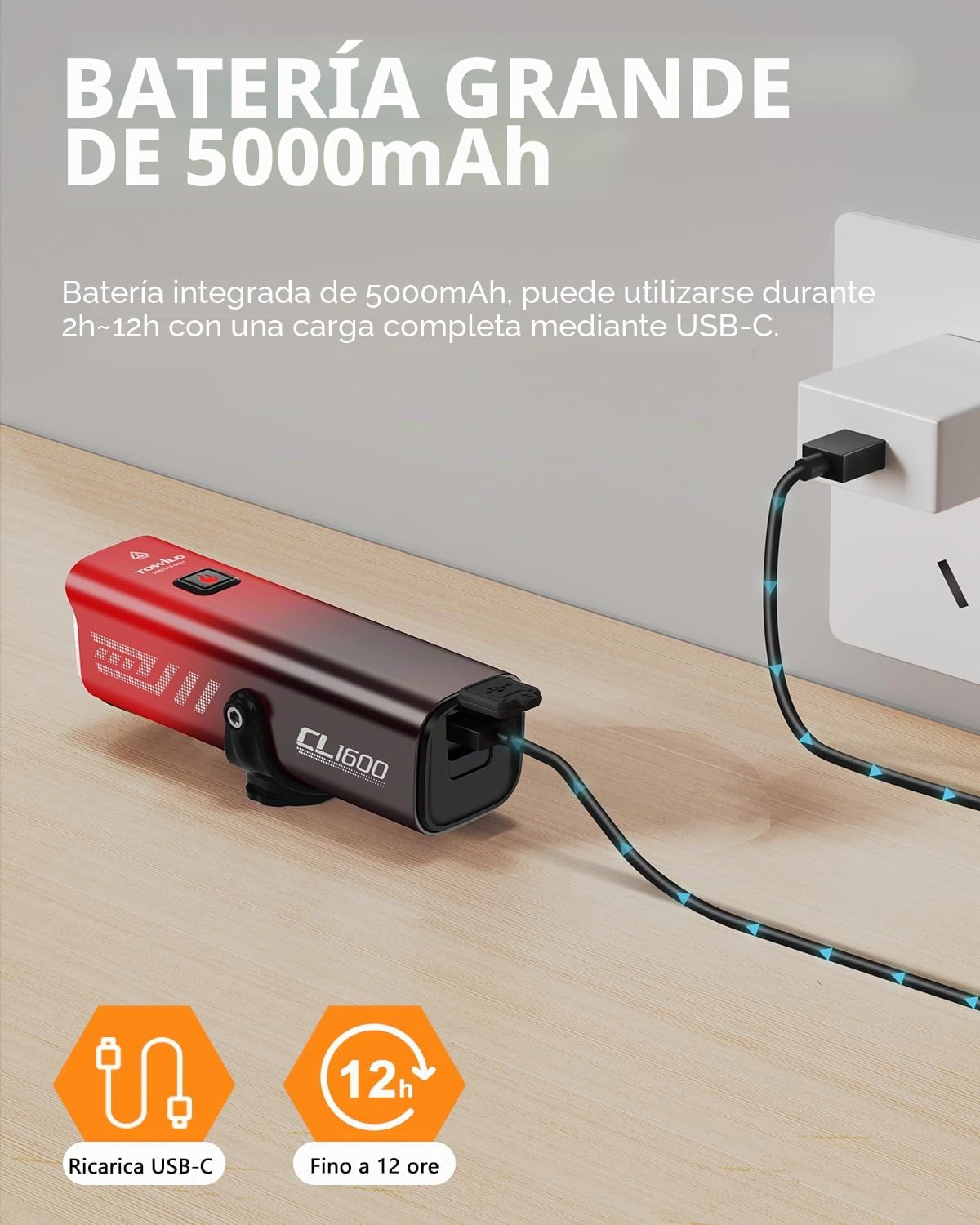 TOWILD CL1600 Luz Bicicleta Inteligentes, 1600 Lumen 5000mAh Luces Delantera Tipo C Recargable Faro de Bicicleta para MTB/Bicicleta de Carretera,12 Horas de Duración,5 Modos Luz de Ciclismo