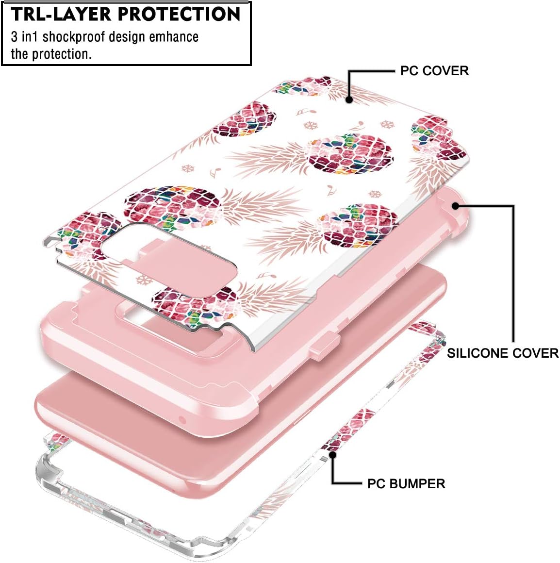 LONTECT for Galaxy S8 Case 3 in 1 Shockproof Heavy Duty Rugged Hybrid Sturdy High Impact Protective Cover Girls Women Case for Samsung Galaxy S8, Rose Gold/Pineapple