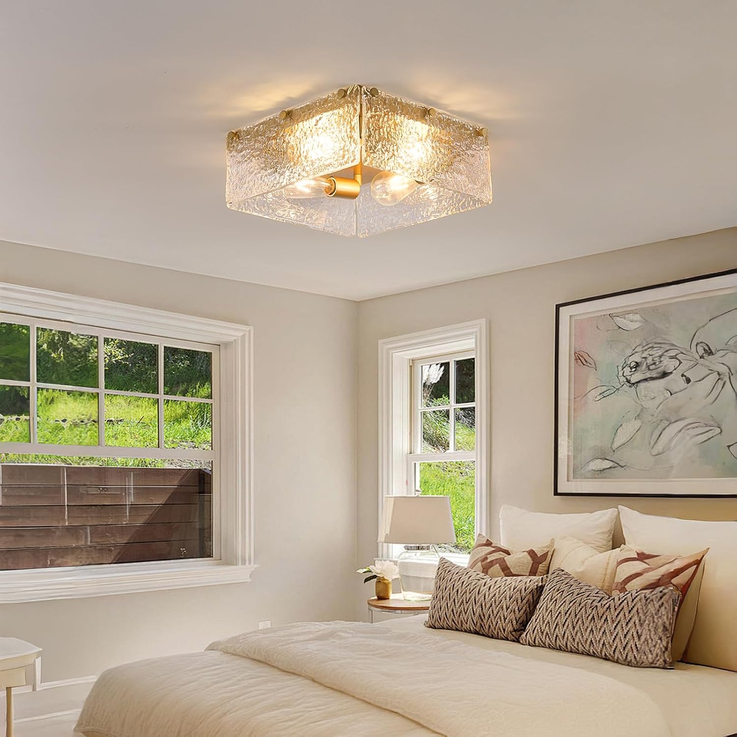MWZ Modern Gold Semi Flush Mount Ceiling Light Fixture with Hammered Glass Shade, 4-Light 13.2'' Farmhouse Dimmable Flush Mount Lamp with Square Metal Chassis for Kitchen Island Hallway Laundry