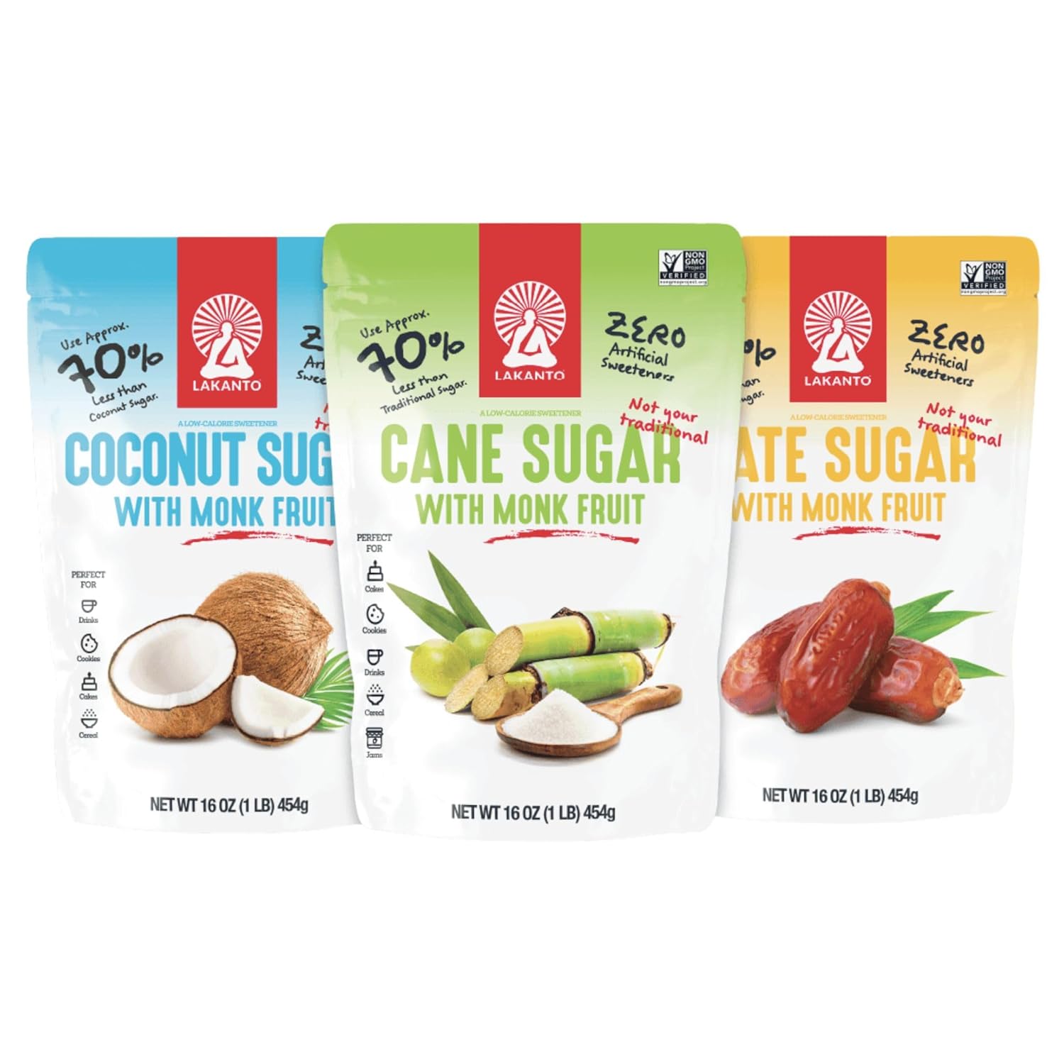 Lakanto Reduced Sugars with Monk Fruit Sweetener - Cane Sugar, Coconut Sugar, Date Sugar - Coffee, Tea, Oatmeal, Cooking, Sauce, Drinks, Smoothies, Syrup