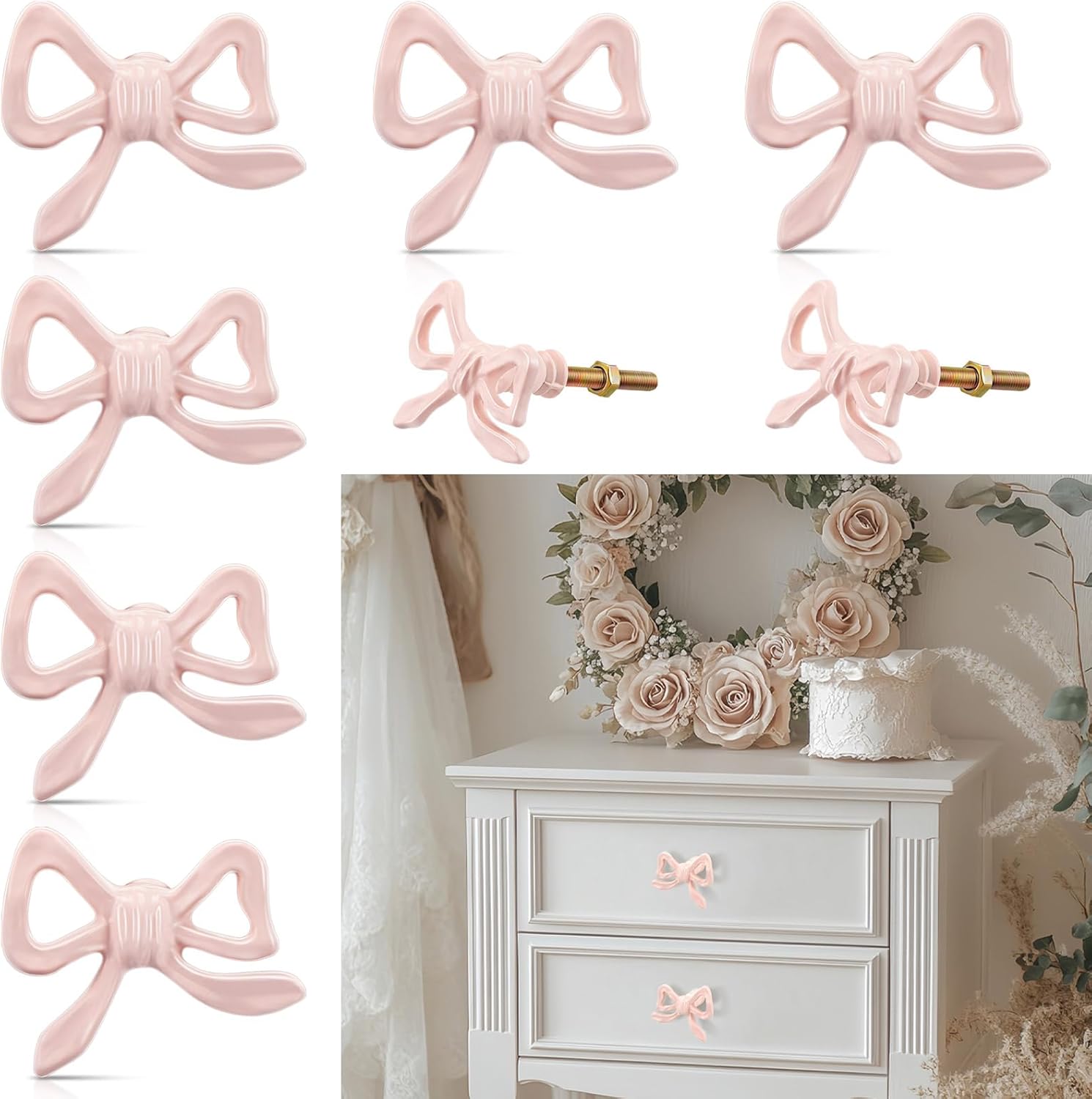 6 Pcs Pink Bow Knobs for Dresser,Pink Bow Drawer Knobs, Coquette Dresser Handles, Decorative Handles for Home Bedroom Hardware Cabinets Kitchen Glass Door Wardrobe