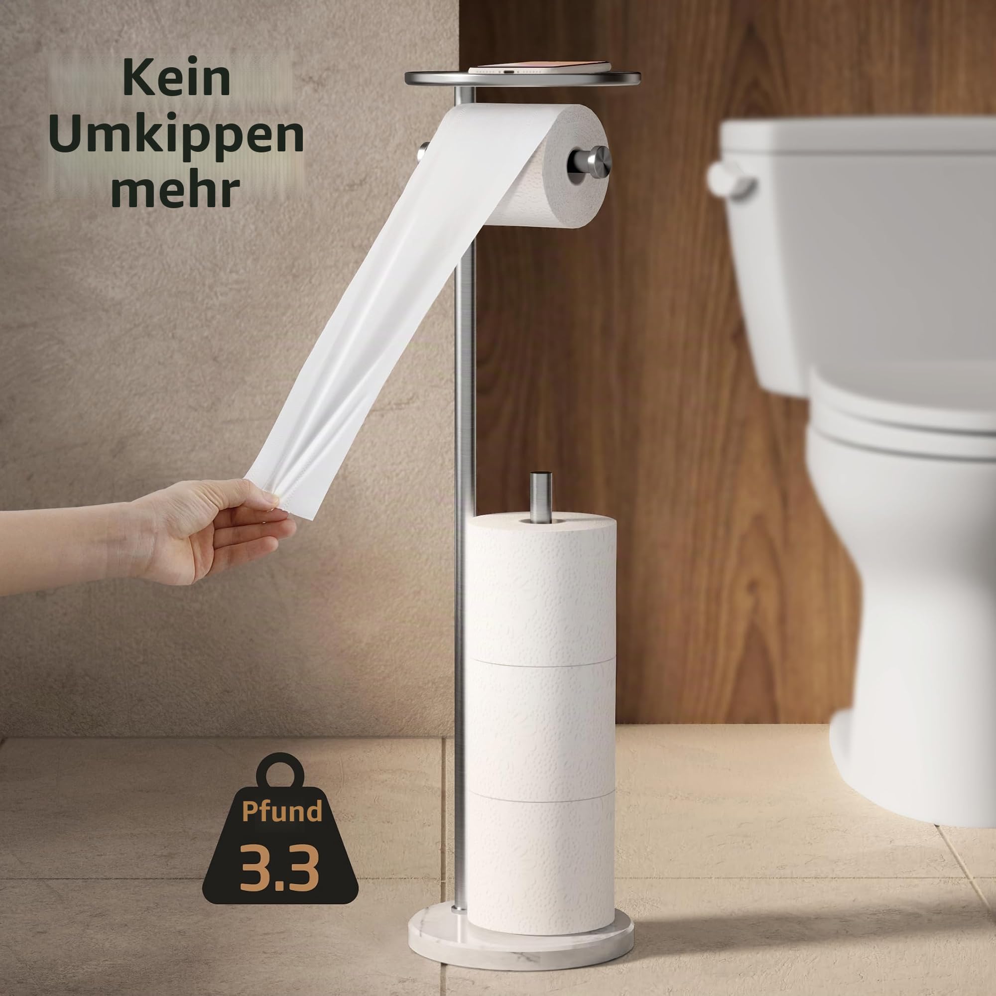 KES Toilettenpapierhalter Stehend mit Ablage, 1,5 kg Marmor-Basis, Klopapierhalter Edelstahl 18/8 für Mega Reserverollen Klorollenhalter Gebürstet, BPH229-2