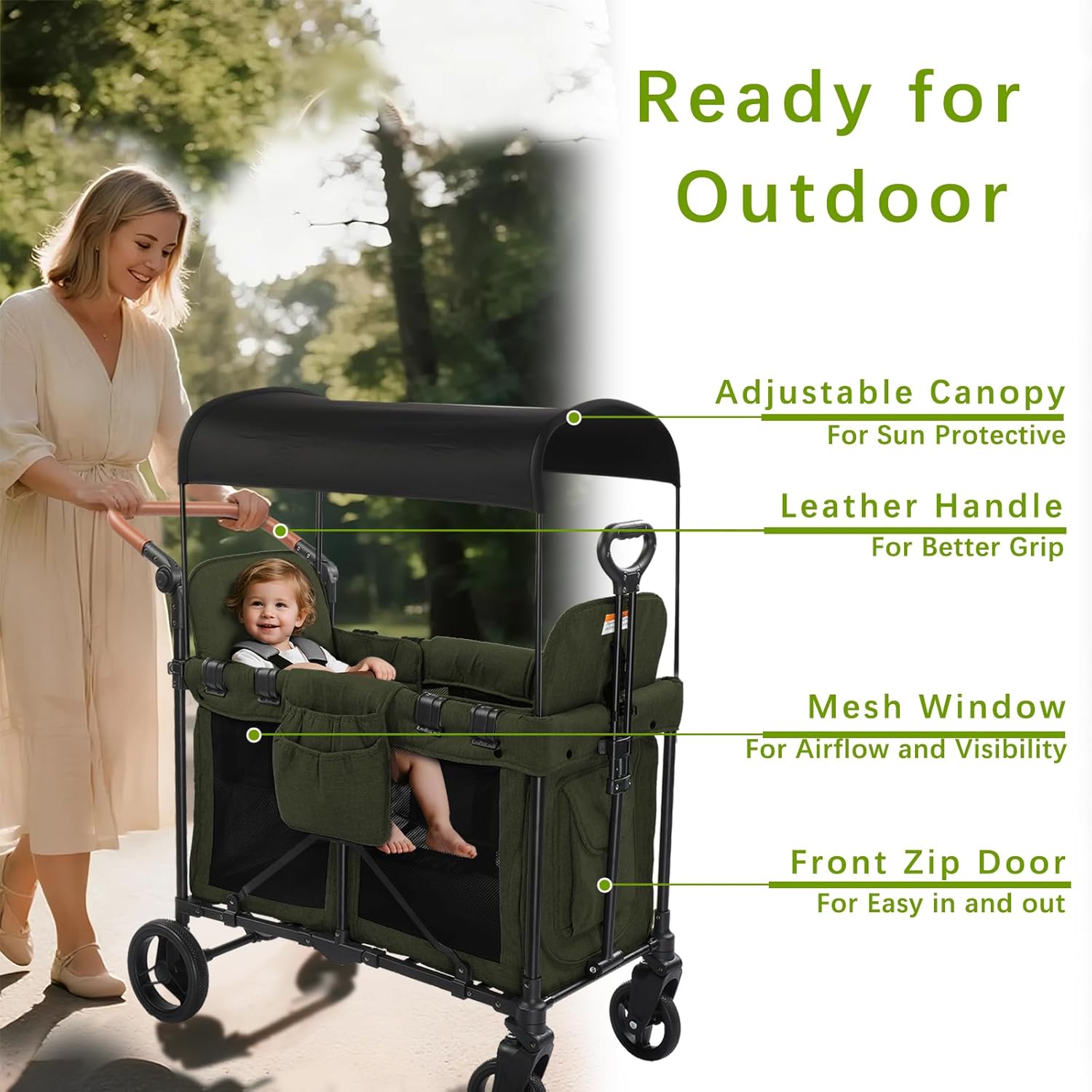 Stroller Wagon for 2 Kids, Baby Wagon Stroller for 2 Seaters, All-Terrain Kids Wagon with Canopy, Parent Organizer, Adjustable Handle & Pull Bar for Infants and Toddlers (Blue) (Green)