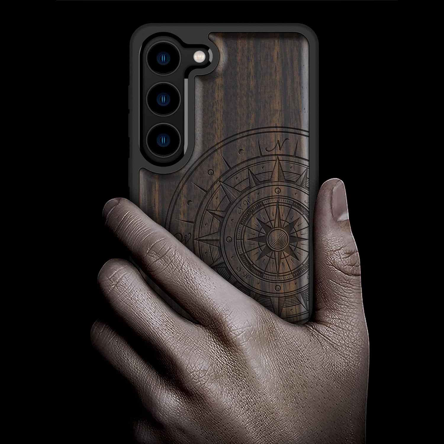 Carveit Wood Case for Galaxy S23 Plus Case [Natural Wood & Black Soft TPU] Shockproof Protective Cover Unique & Classy Wooden Design Compatible with S23 Plus (Compass & Waves-Blackwood)