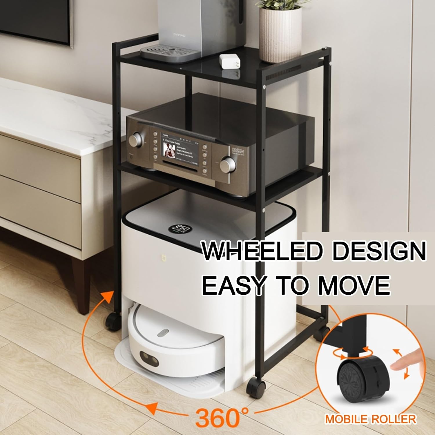HARELA Metal Robot Vacuum Storage Cabinet, Organizer Stand for Sweeping Robot Vacuum, Multi Tier End Cabinet with Wheels for Living Room Kitchen, Space Saver