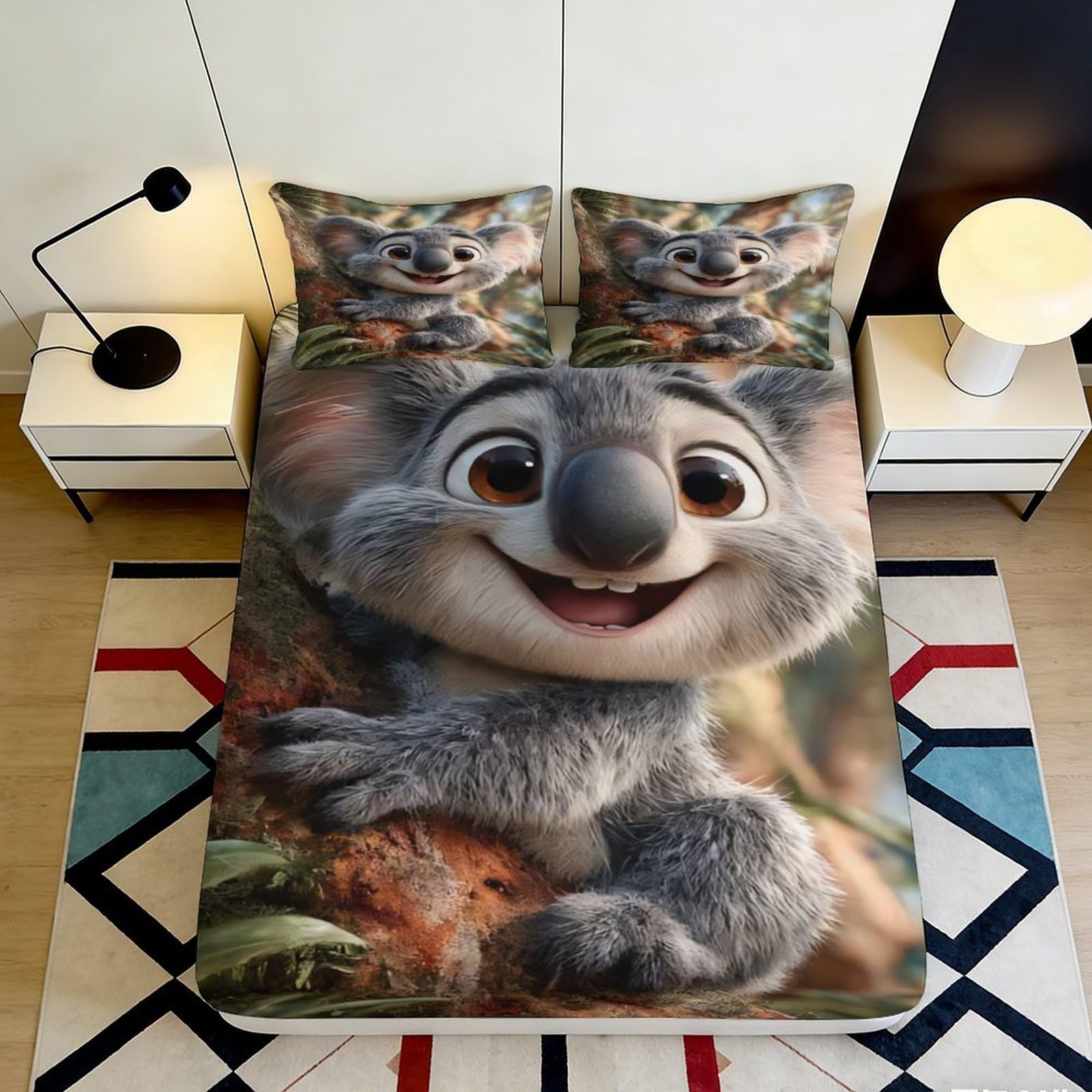 3D Printed Cartoon Koala Fitted Sheet Microfiber Soft Breathable Forest Animal Bed Cover for Bedroom Dorm Decor 90x200x25cm
