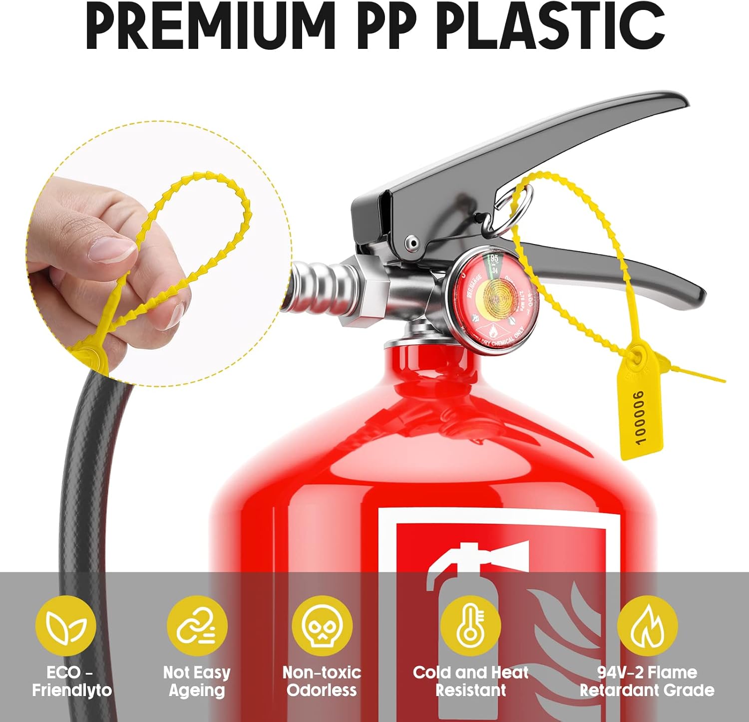 1000 Pcs Plastic Tamper Seals Fire Extinguisher Tags Security Tags Seals Safety Numbered Zip Ties Labels Safety Disposable Self Locking Signage 250 mm Length (Yellow) - Image 6