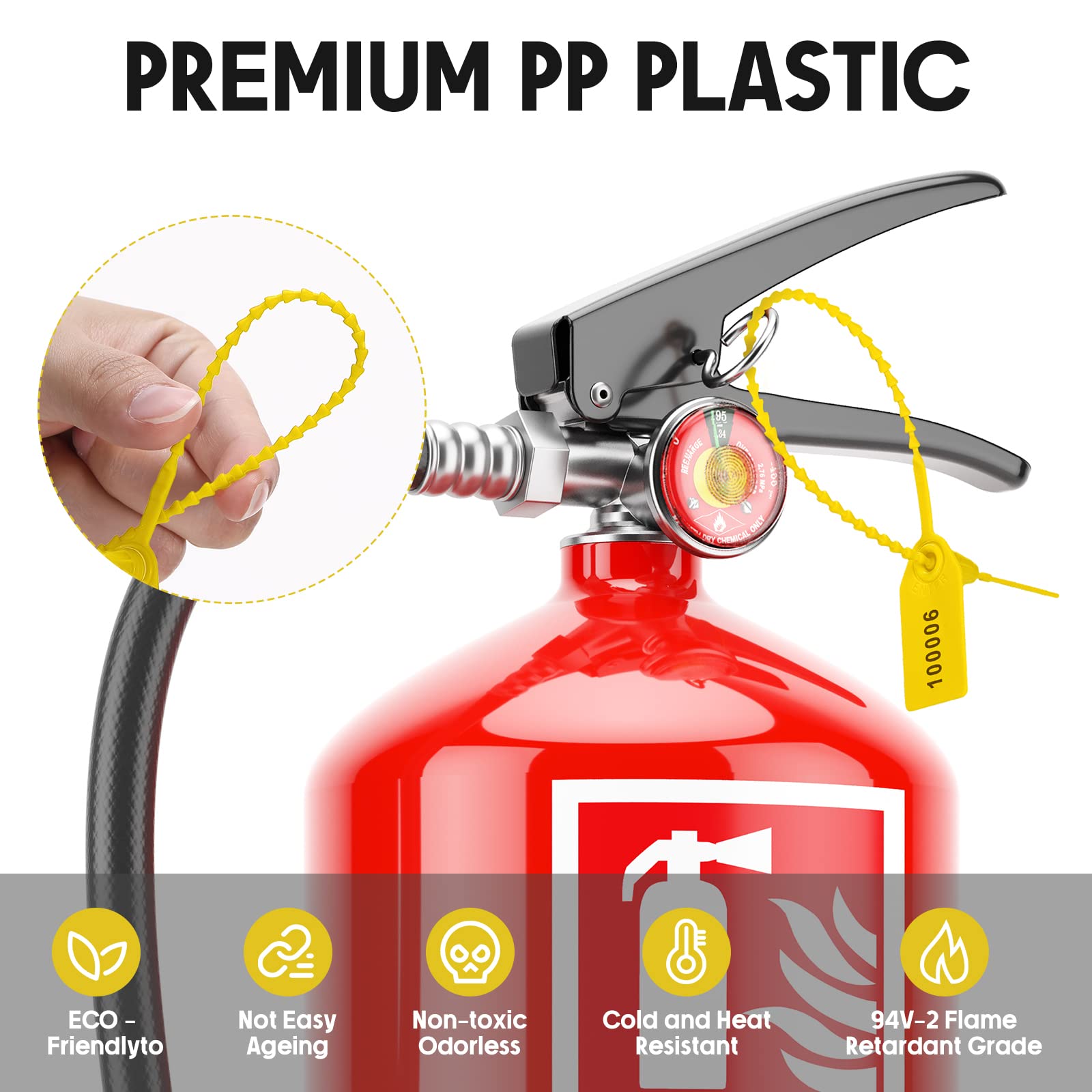 Roowest Lot de 2 000 étiquettes de sécurité en plastique pour extincteur - Étiquettes de sécurité numérotées - Jetables - 250 mm de long (jaune)