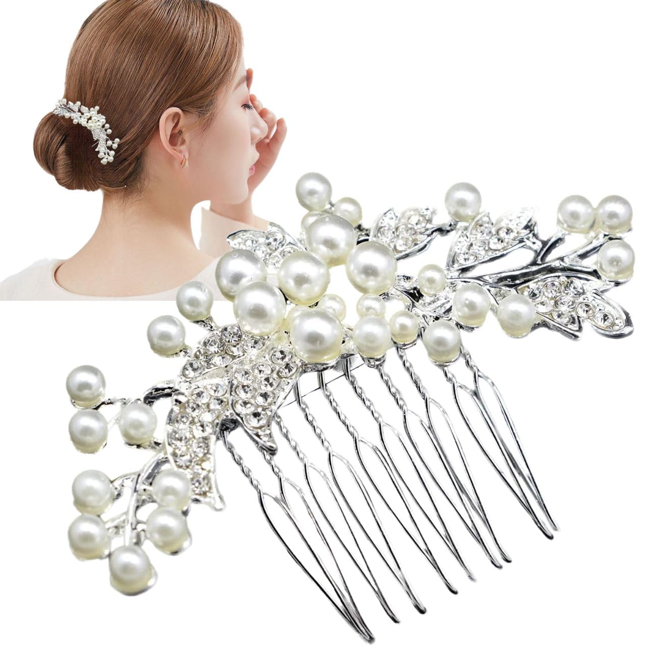 TIGLOSS Pearl Kanzashi Hair Comb Silver Rhinestone 3.3in Wedding Kimono