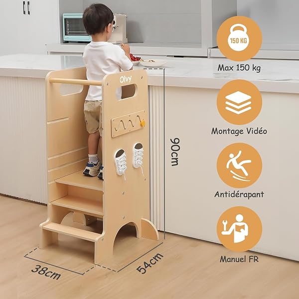 Tour d'apprentissage Montessori 4 en 1 Olvy Kids - Échelle en Bois - Tabouret escabeau à 4 marches - Tour de Cuisine pour Enfants - Tour d'apprentissage Debout pour Enfants à partir de 1 an - 2