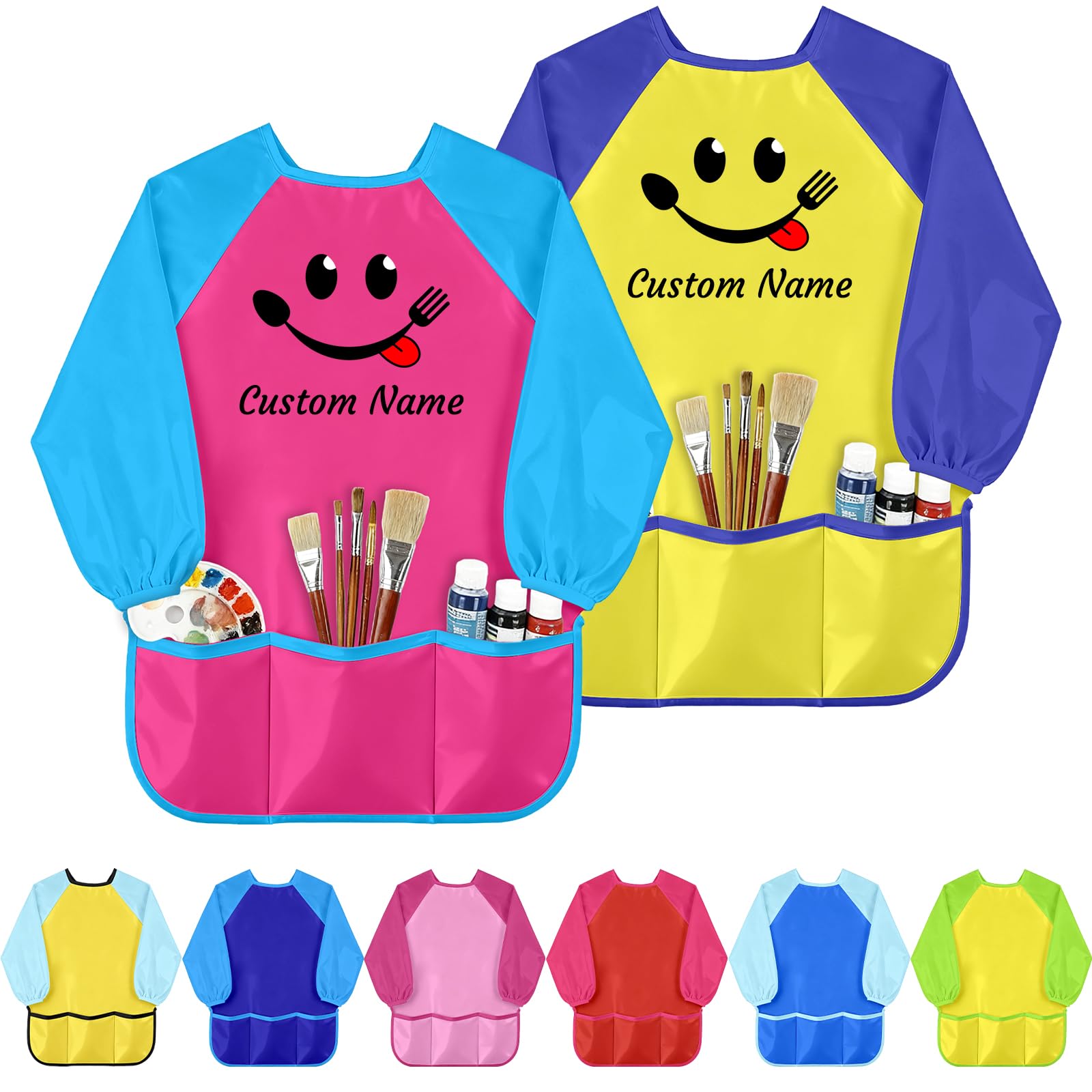 Oscolewis Personalised Kids Art Smock with Name Toddler Smock Waterproof Long Sleeve for Artist Washable Painting Apron with 3 Pockets