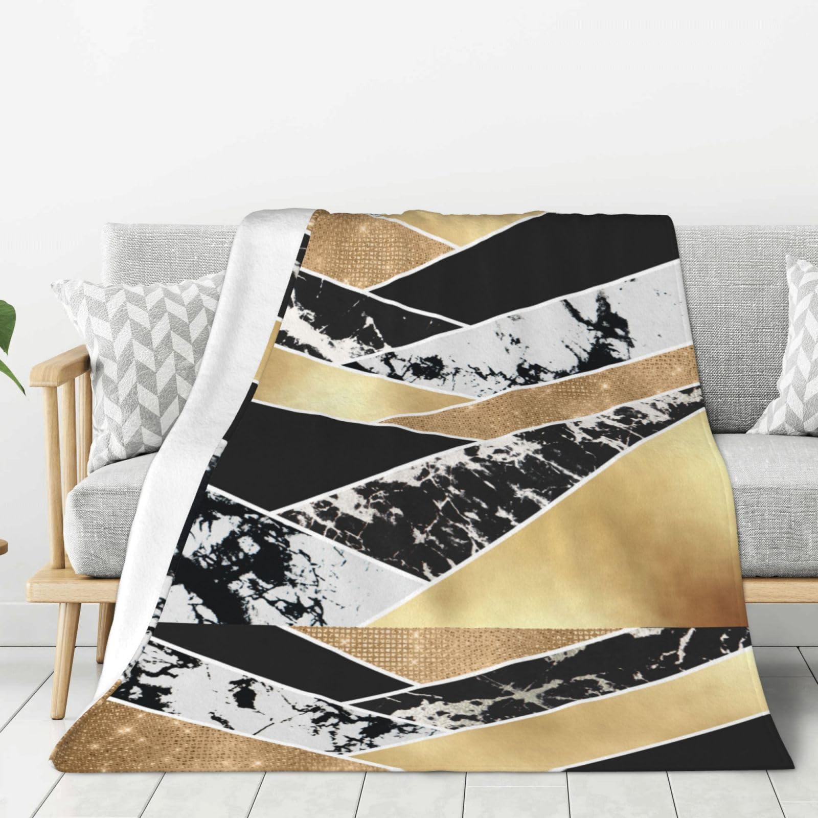 Moderne geometrische Kunst aus Gold, Schwarz und Weiß mit Glitzer Kuscheldecke, warme Flanell-Fleece-Plüsch-Überwurfdecke als Bettdecke/Bettlaken, 152 x 203 cm
