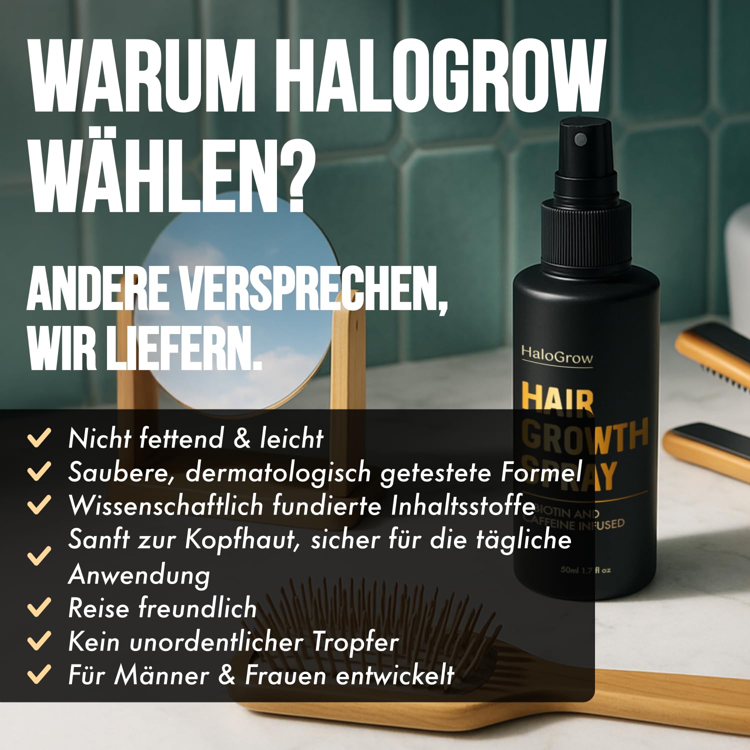 Haarwuchs-Spray – Für Frauen & Männer | Unterstützt das Haarwachstum & kräftiger aussehendes Haar | Mit Biotin, Koffein, Rizinusöl & Aminexil | 1-Monatsvorrat
