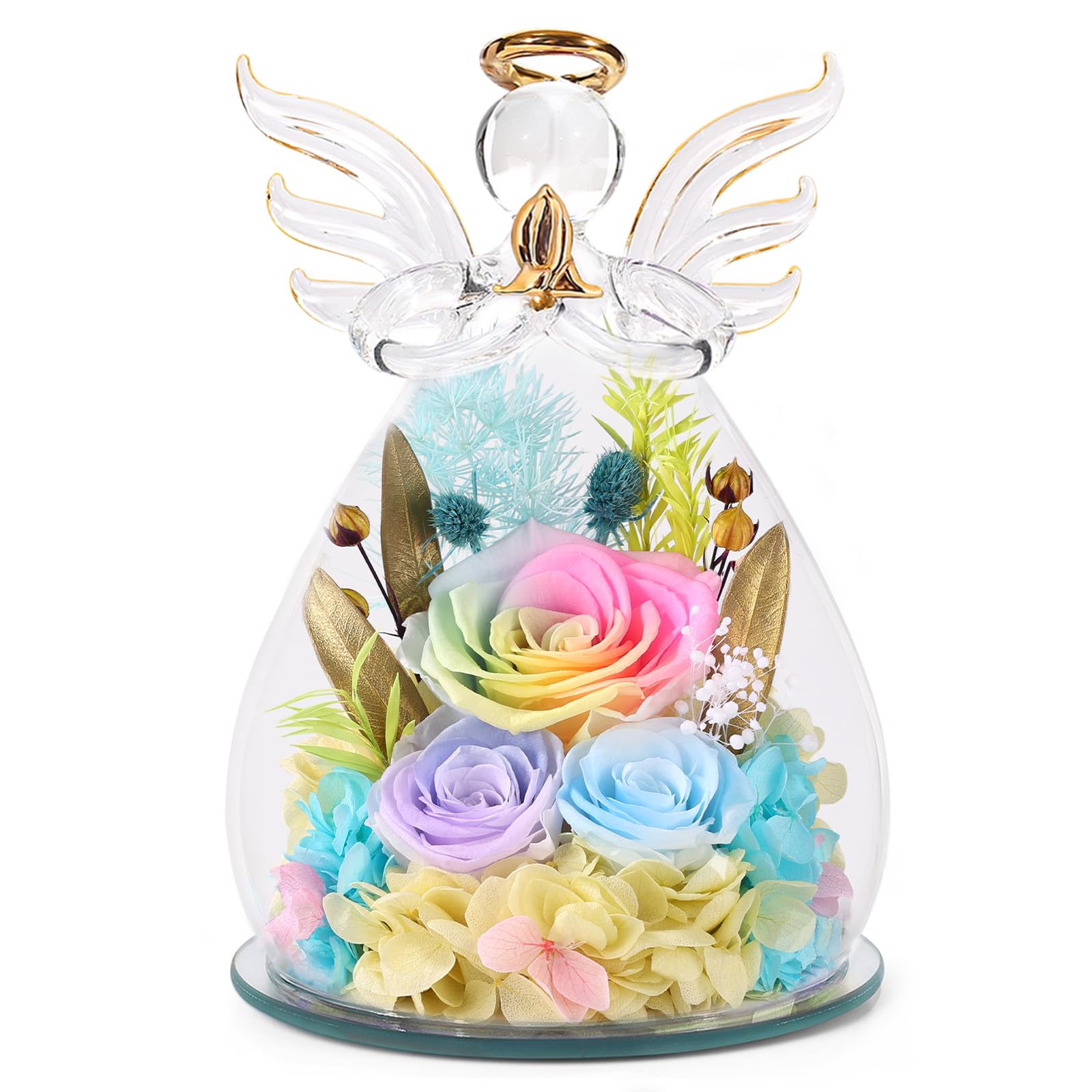 FIACO Gifts for Women Birthday Preserved Rose Forever Flower in Glass Angel Figurines Fresh Flowers for Delivery Prime for Mom Real Orange Roses for Grandma Sister Wife Her from Daughter
