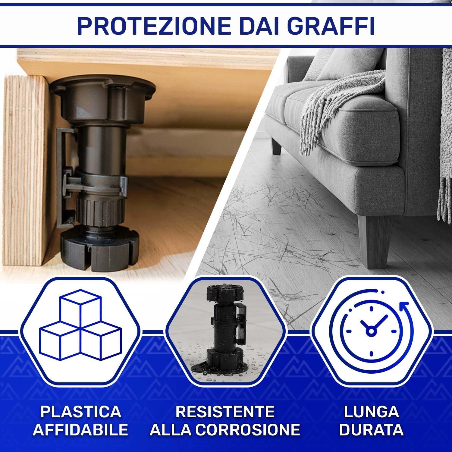 MONTERAL Set di 20 Pezzi Piedini per Mobili Regolabili 95-165 mm Ø 27,5 mm Capacità di Carico 60 kg e 20 Pezzi Ganci per Zoccolo Cucina Universale - Garanzia di 10 Anni