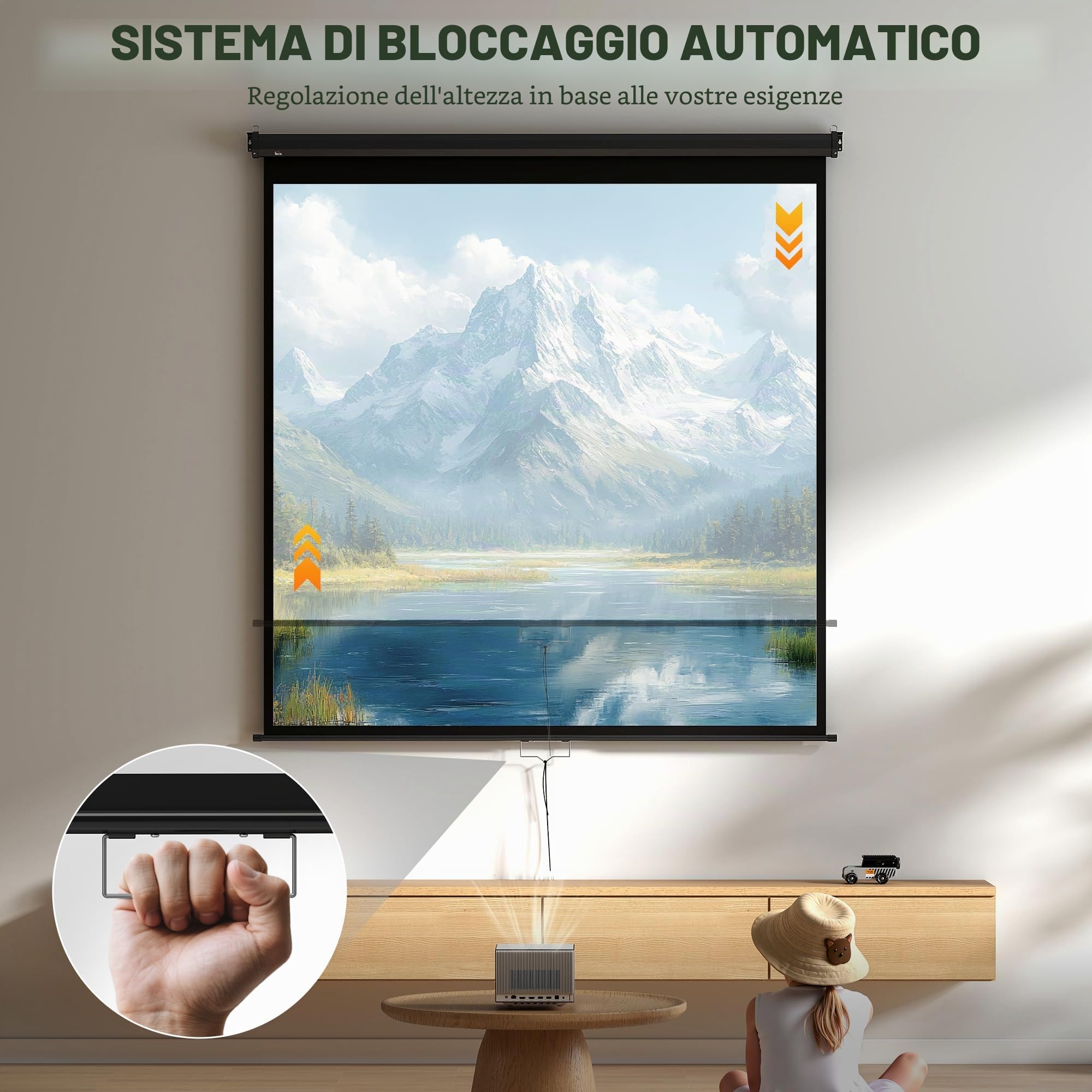 HOMCOM schermo di proiezione da 99 pollici, schermo per videoproiettore, per home cinema, 1:1 4K HD, montaggio a parete o a soffitto, 189 x 7 x 182 cm, nero