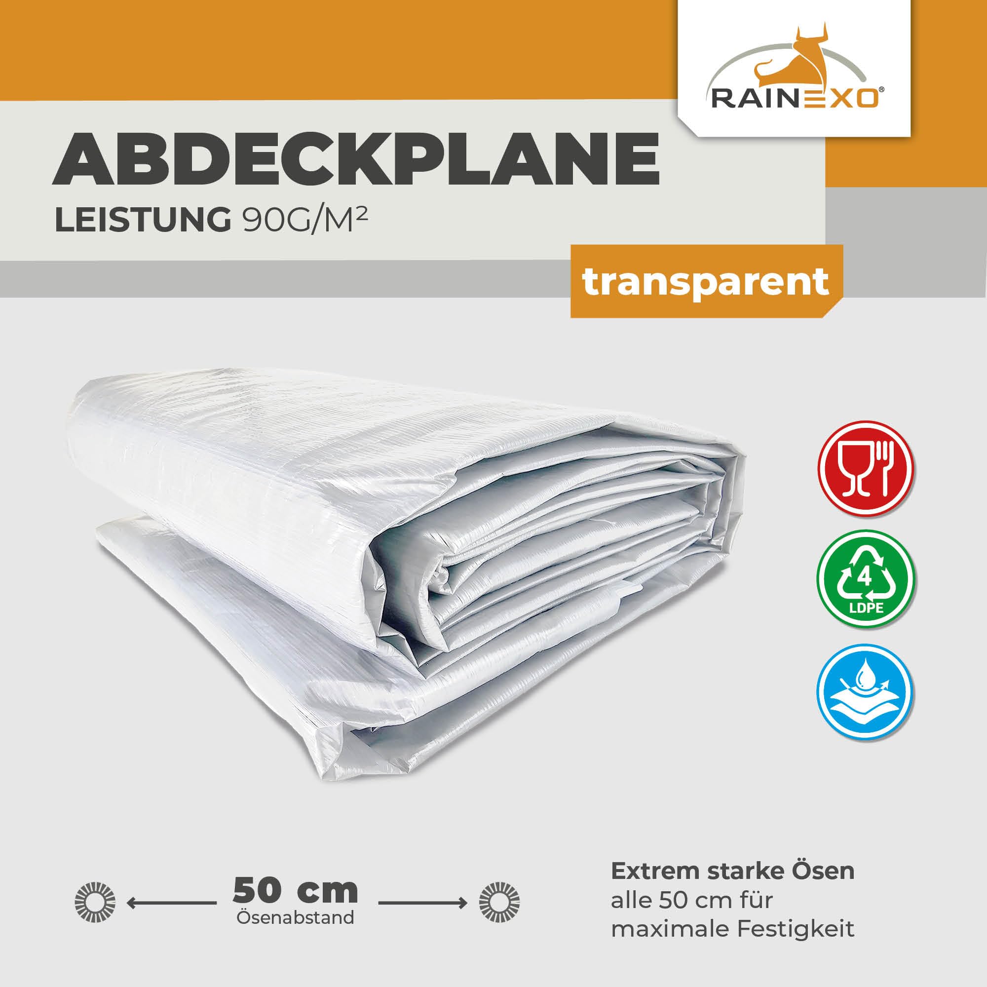 Abdeckplane Transparent 4 x 6 m 90 g/m² wasserdicht UV-beständig reißfest mit verstärkten Ösen Gewächshausfolie Schutzplane klar