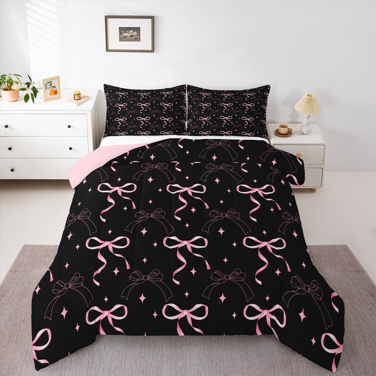 Erosebridal Pink Bowknot Comforter Set Twin Size Black Bow Knot Bedding Set for Kids Girls Boys Bow Tie Butterfly Knot Comforter Coquette Aesthetic Quilt Cartoon Geometric Bedroom Decor