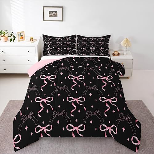 Erosebridal Pink Bowknot Comforter Set King Size Black Bow K