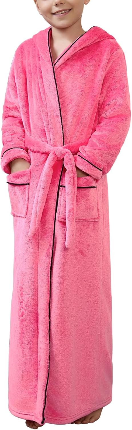 QPANCY Girls Robe Kids Long Hooded Bathrobe Soft Plush Fleece Pajamas Full Length Warm Fuzzy Sleepwear
