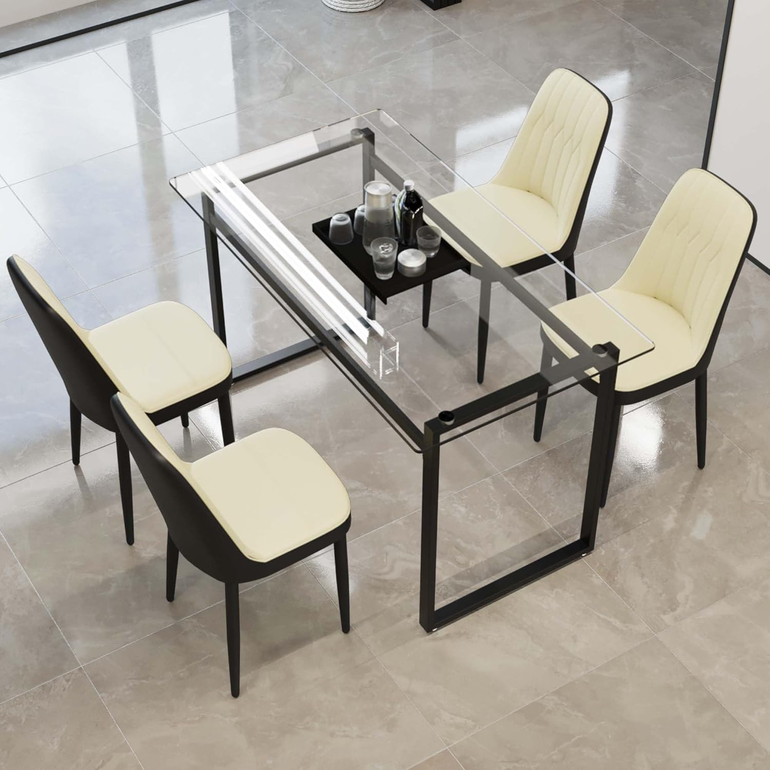 Modern Glass Dining Table Set for 4, Rectangular Kitchen Table Set, 5 Piece Dining Table Set with 1 Tempered Glass Table and 4 PU Dining Chairs for Dining Room, Kitchen,Office