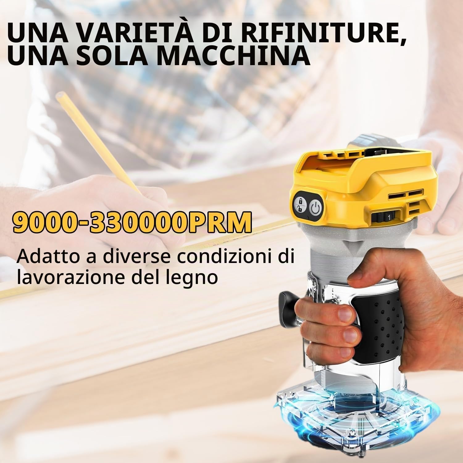 Fresatrice Verticale Compatibile con Dewalt 20V Batteria, Fresa Senza Spazzole da 1300W, 6 Velocità Portatile Fresatrice a Mano con Ruota di Guida, Guida Dritta, 15 Frese e 2 Chiavi (Senza Batteria)