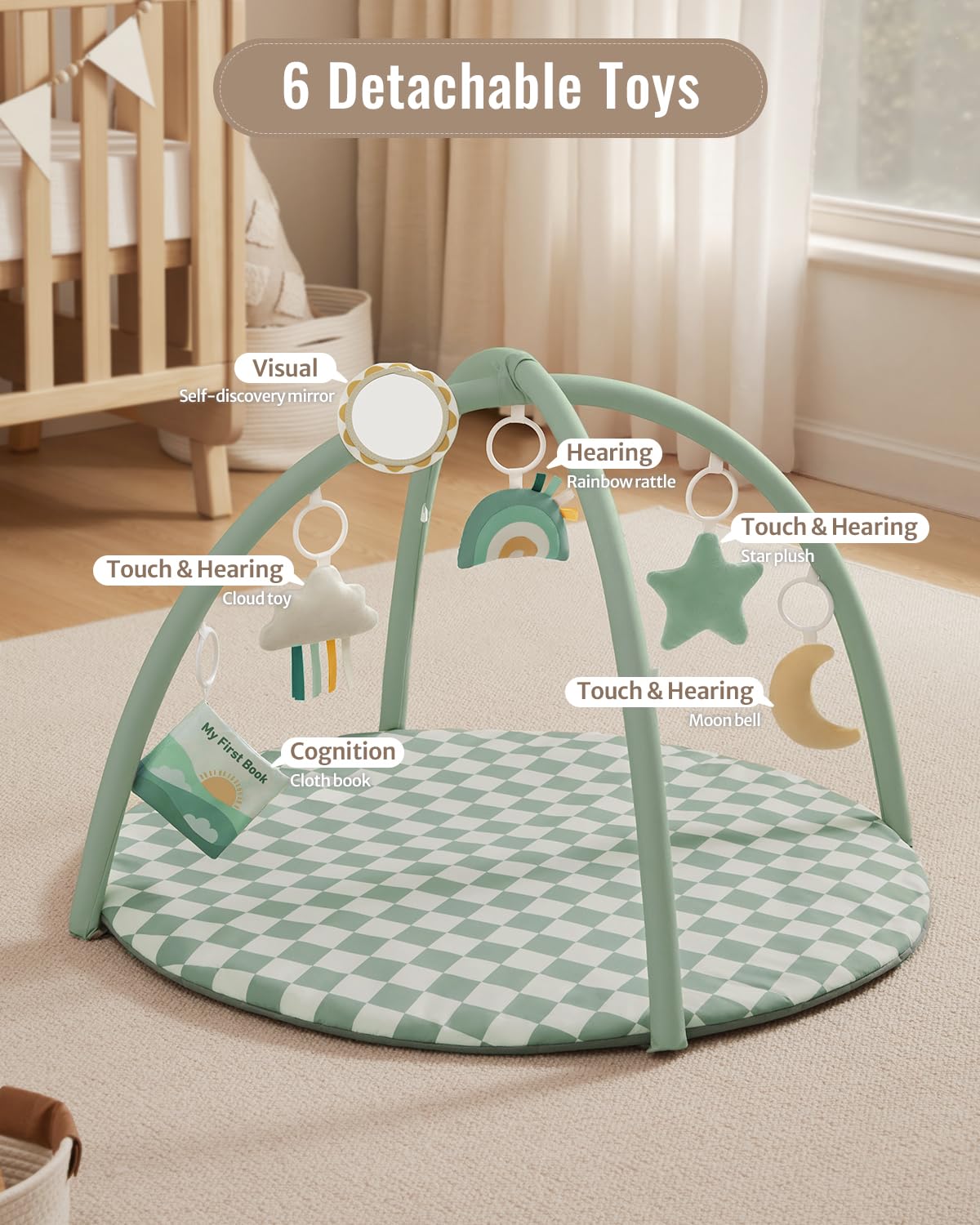 Blissful Diary Baby Play Gym Mat, Play Mat Activity Mat with 6 Detachable Toys for Stage-Based Sensory & Motor Skill Development, Easy to Install & Clean, Baby Essentials Gift, Sage Checkerboard