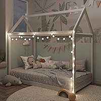 Vista 9 de Merax Cama de casa de madera, cama de piso con listones de madera, no necesita somier, tamaño individual, gris