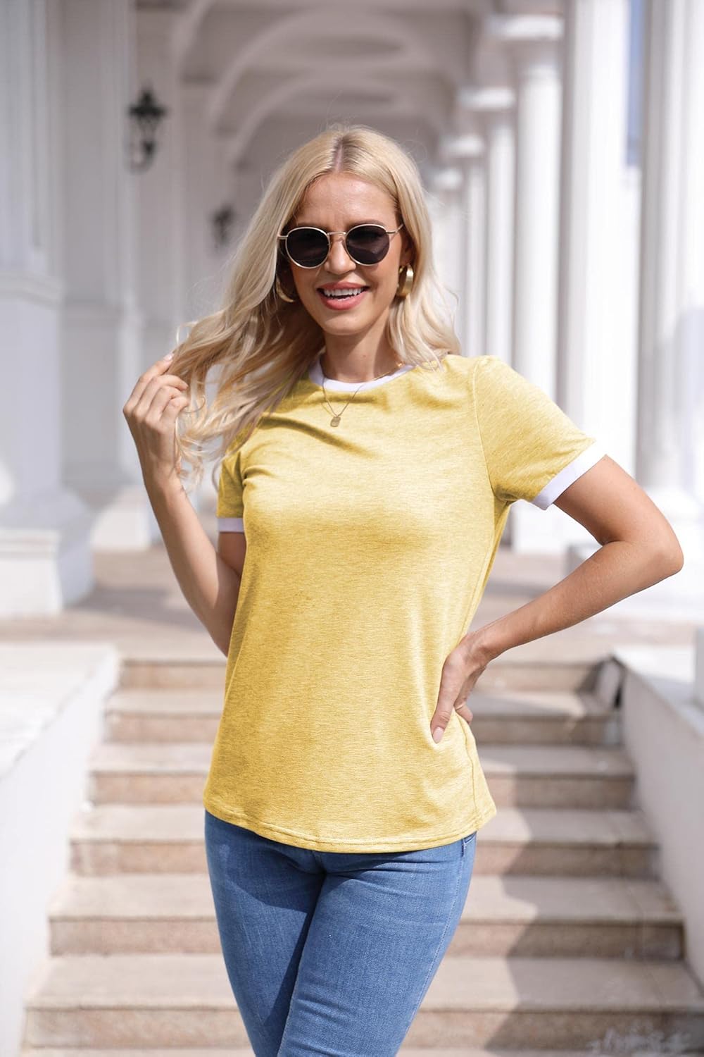 Womens T Shirt Short Sleeve Crew Neck Basic Color Block Tee Tops - Image 2