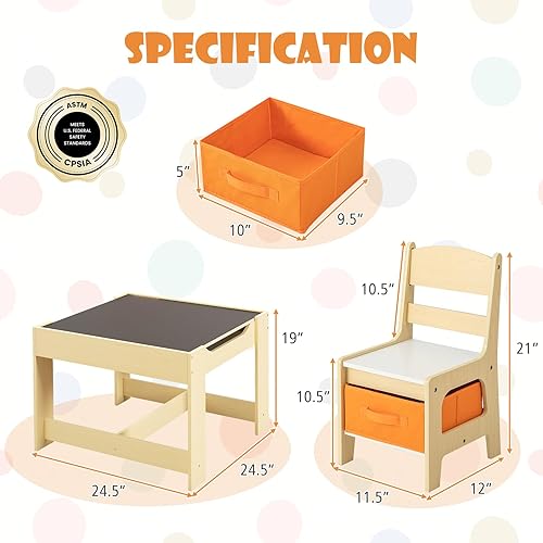 Miniatura 6 de Fireflowery - Juego de mesa y silla para niños, mesa de actividades de madera 3 en 1 con cajón de almacenamiento y pizarra desmontable, escritorio