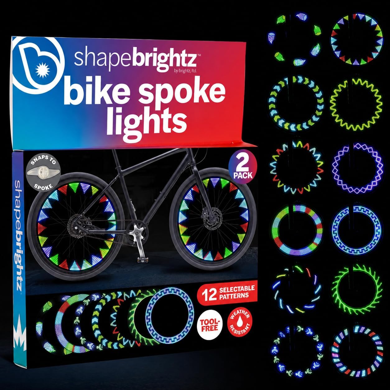 Brightz LED Bike Spoke Pattern Light for Bike Wheels | Light-up wheel pattern display; bike lights & accessories; bicycle spoke light for night riding