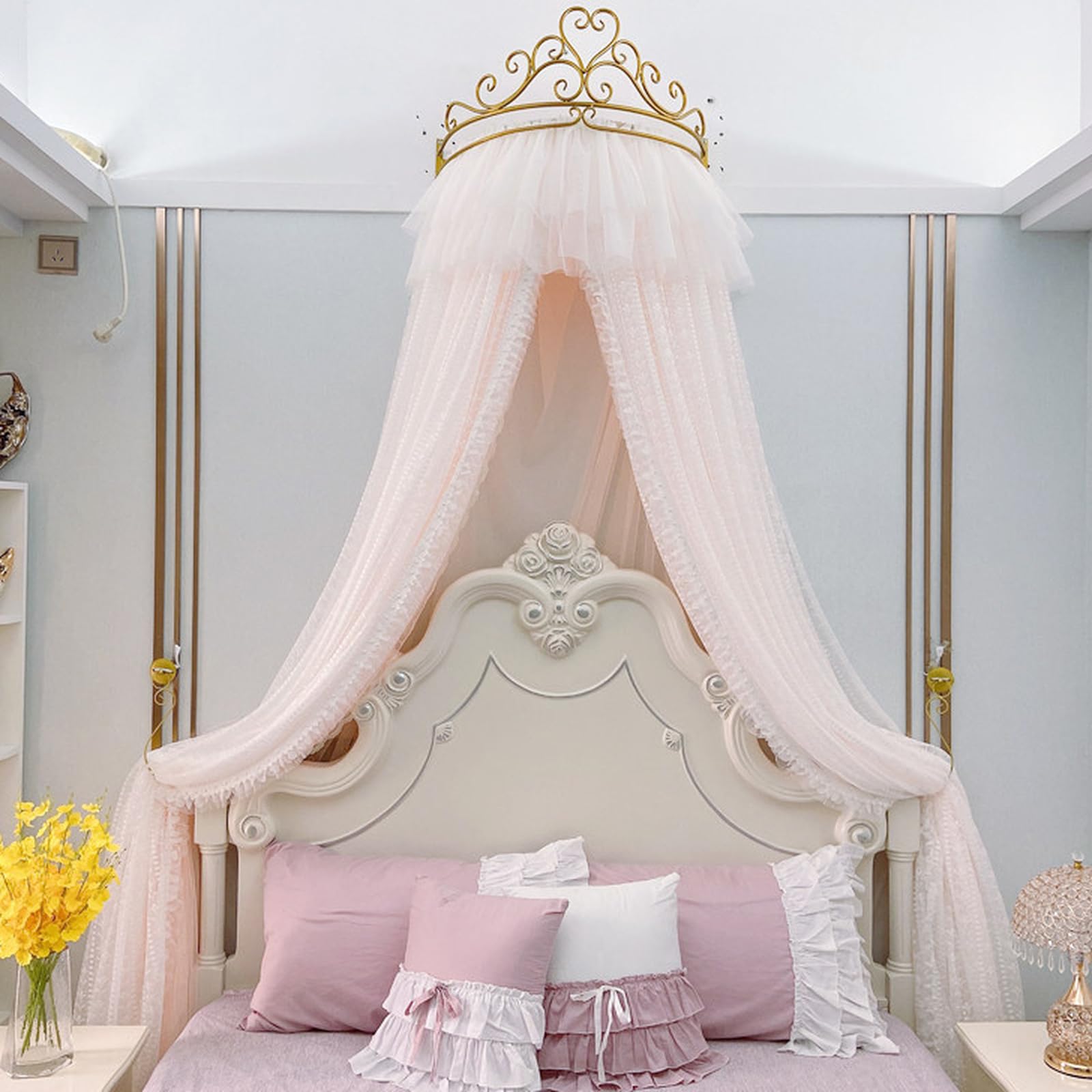 SDCGB Bed Canopy for Girls & Adults, Princess Bed Curtain with Metal Crown, Elegant Double Layer Tents Bed Canopy Valance, Blush