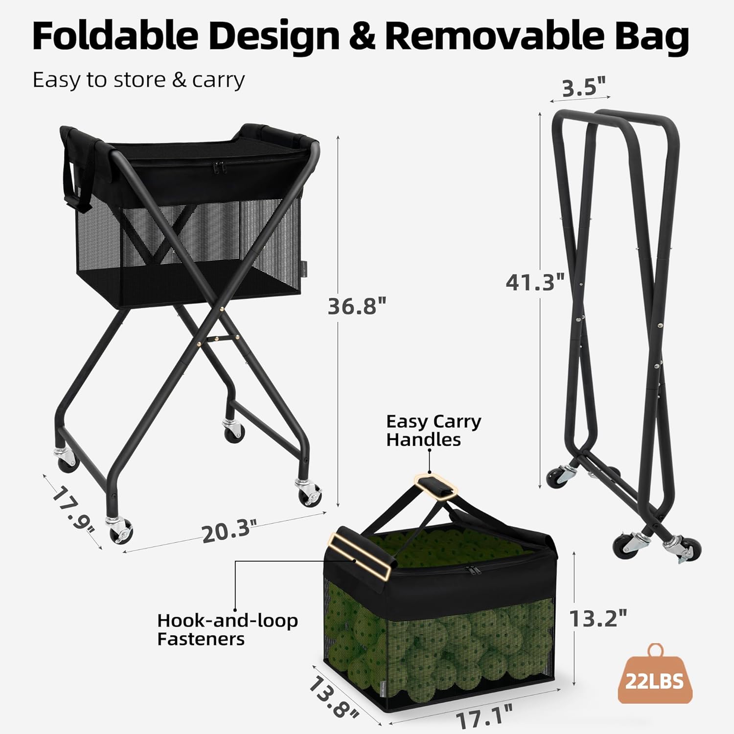STORAGE MANIAC Rolling Sports Ball Cart + Foldable Tennis Ball Hopper Pickleball Bag